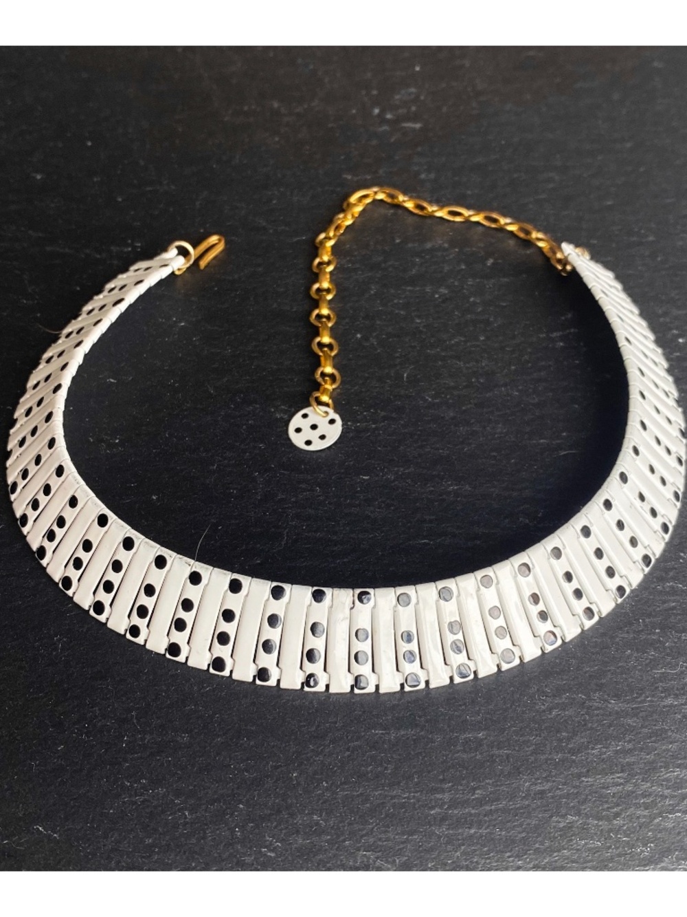 Vintage 80s Choker Necklace Polkadots White Black Adjustable Length Metal